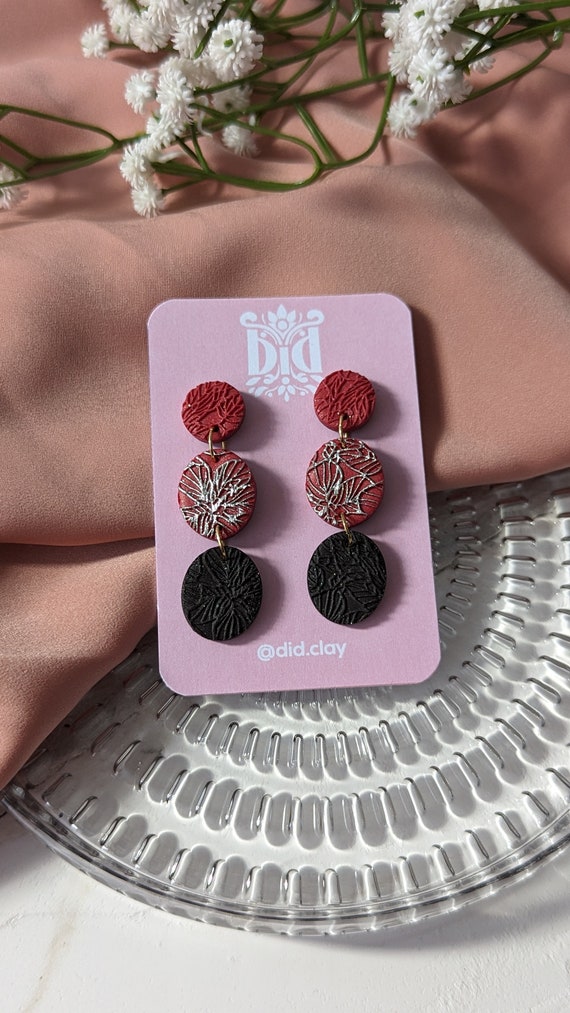 Silver flowers Handmade Stud clay erring, lightweight jewellery, Gift , Summer style, Made in UK, Aesthetic, unique , Silver , Red