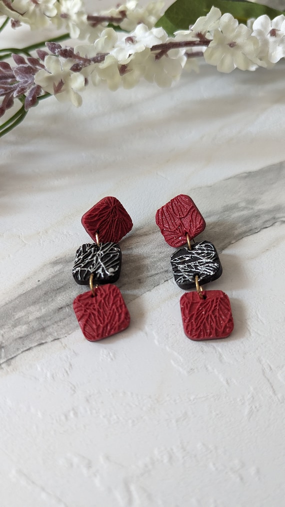 Red silver style Handmade Stud clay erring, lightweight jewellery, Gift for her, Burthday, Summer style, Made in UK