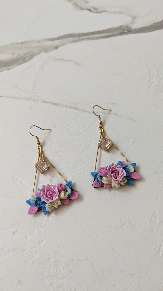 blue pink bouquet earrings with dainty Triangle Drop Pretty springtime styles, Summer Floral Polymer Clay Earrings, Glow in the dark, Gift