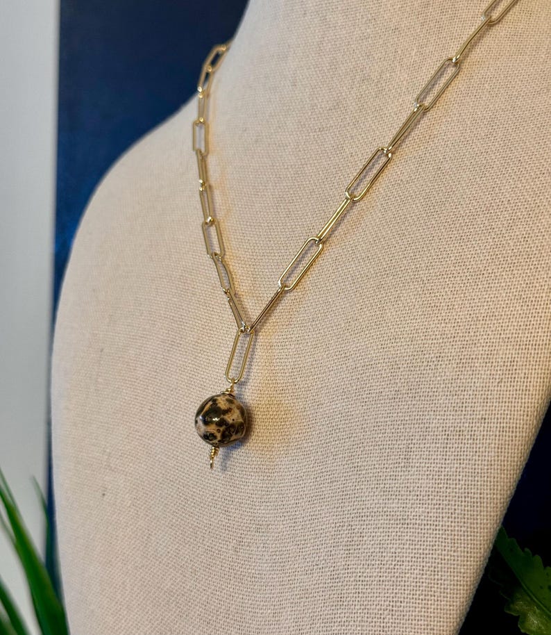Leopard Jasper Gold Necklace 14k Gold Filled Paperclip Chain Handmade