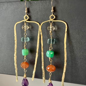 Rainbow Gemstone Geometric Earrings | Handmade Boho Statement Earrings | Hammered Brass Rectangle Earrings | 14k Gold Filled Earrings