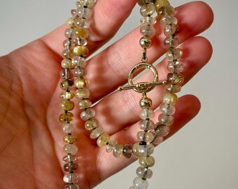 Hand-Knotted Rutilated Quartz Necklace | Olive Silk, Gold-Filled Clasp, Boho Gemstone Jewelry