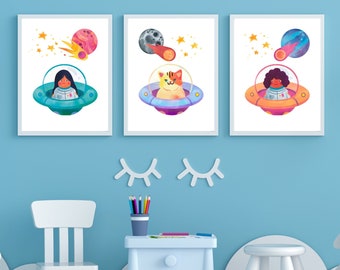 ENSEMBLE de 3 tirages, chat et enfants dans Spaceship White BG Wall Art Prints, Aquarelle Wall Art, Wall Art Prints for Kids Room, Nursery Printables