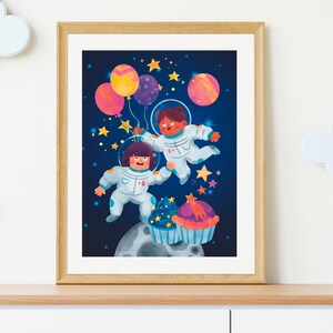 Children in Space Wall Art Prints, Watercolor Kids Wall Art, Wall Art Prints for Kids Room, Digital Download for Kids, Nursery Printables