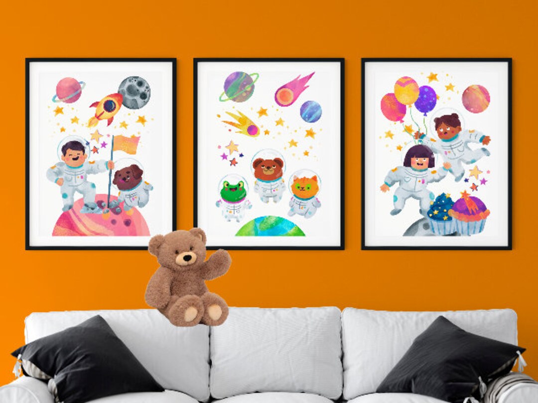 SET of 3 Prints, Children and Toys in Space White BG Wall Art Prints ...