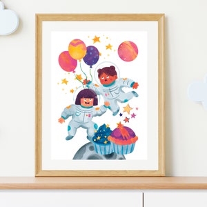 Children in Space White Wall Art Prints, Watercolor Kids Wall Art, Wall Art Prints for Kids Room, Nursery Printables