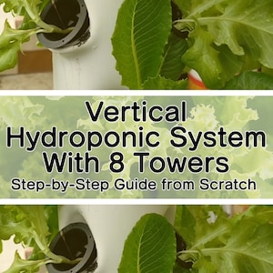 Puede incluir: Un sistema hidropónico vertical con ocho torres blancas, cada una con un anillo negro alrededor de la parte superior. Plantas verdes de hoja crecen fuera de las torres. El texto "Sistema hidropónico vertical con 8 torres" está escrito en blanco sobre un fondo verde. El texto "Guía paso a paso desde cero" está escrito en blanco sobre un fondo verde.