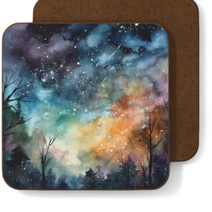 Watercolor Night Forest Space & Stars Coaster | Cosmic Decor | Drink Coaster Set | Home Decoration