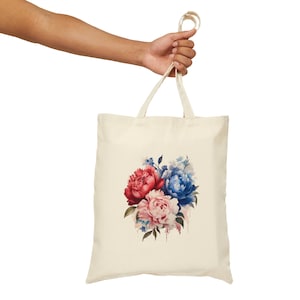Watercolor Peonies Cotton Canvas Tote Bag - Red, Blue, and Pink Floral Design