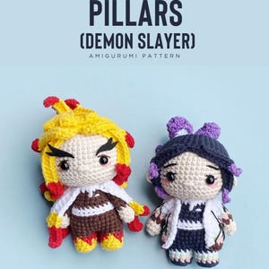 May include: Two handmade amigurumi dolls, one with yellow hair and red accents, the other with dark blue hair and purple accents. The dolls are on a light blue background. Text at the top reads "PILLARS (DEMON SLAYER) AMIGURUMI PATTERN."