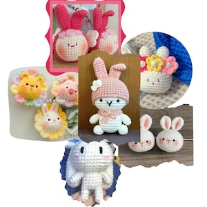 May include: A collection of crocheted stuffed animals, including bunnies, a lion, and a pig. The animals are all different colors and have different facial expressions. The bunnies are wearing hats and some have flowers on their heads.