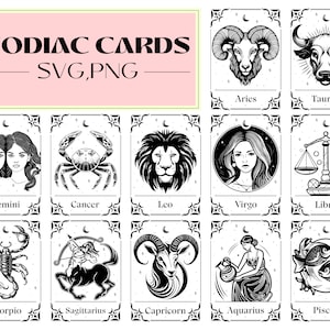 TARJETAS DEL ZODIACO SVG, Cartas del Tarot Svg, Horóscopo Svg, Celestial svg, Constelación del zodiaco Svg, Símbolos de astrología, Vector, Imágenes prediseñadas del zodiaco, Png