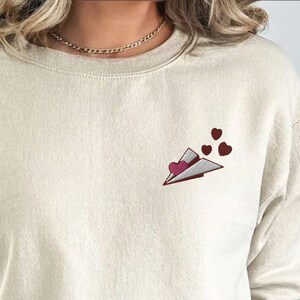Embroidered Valentines Day Sweatshirt, Paper Plane Heart Sweater, Valentines Day Crewneck, Valentine Sweatshirt For Women