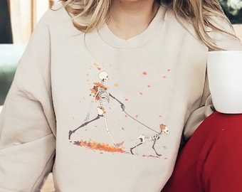 Skeleton Walking Dog Sweatshirt, Dog Skeleton Sweatshirt, Christmas Skeleton, Fall Skeleton Sweater, Spooky Halloween Skeleton Sweatshirt
