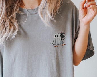 Embroidered Kawaii Halloween Shirt, Cute Ghost and Black Cat Crewneck, Ghost With Black Cat Embroidered Shirt, Spooky Cat Mom Fall