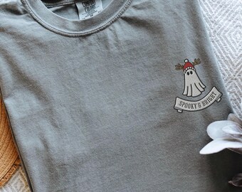 Embroidered Christmas Ghost Shirt, Spooky and Bright, Merry and Bright Ghost Embroidered, Festive Merry & Bright Christmas Embroidered Tee