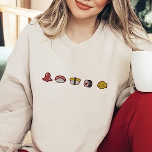 Embroidered Sushi Sweatshirt, Kawaii Japan Food Sweater, Embroidery Food Crewneck Pullover | Food Lover | Cute Foodie Gifts, Japanese Food