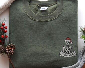 Embroidered Santa Skeleton Sweatshirt, Spooky & Bright Santa Skeleton Sweatshirt, Holiday Embroidery, Funny Merry and Bright Embroidered