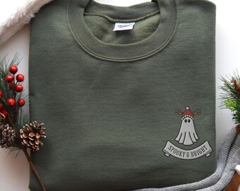 Embroidered Christmas Ghost Sweatshirt, Spooky and Bright, Merry and Bright Ghost Embroidered, Christmas Embroidered Hoodie