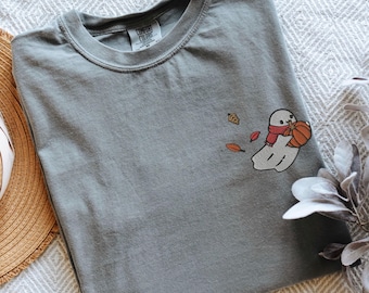 Embroidered Pumpkins Ghost tshirt, Autumn Leaves Embroidered Shirt | Vintage Pumpkin Season Shirt For Women | Spooky Season Shirt