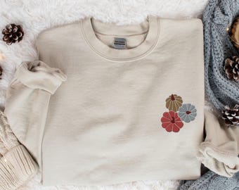 Pumpkin Embroidered Crewneck Sweatshirt Boho Autumn Vibes, Simple Fall Pumpkin Crewneck Sweatshirt, Minimal Fall Long Sleeve Sweater