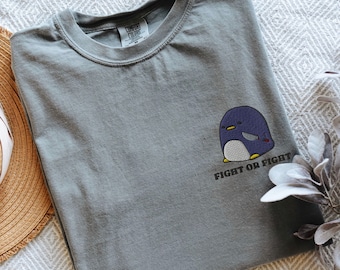 Embroidered Penguin Crewneck, Cute Kawaii Sarcastic Embroidered Penguin Tshirt, Funny Animal Lover Shirt, Fight or Flight Penguin Tee