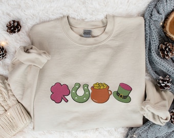 Embroidered St Patrick's Day Crewneck Sweatshirt, Lucky Charm Shamrock Shirt, Shamrock Shirt, Rainbow Sweater, Saint Patrick's Day Apparel