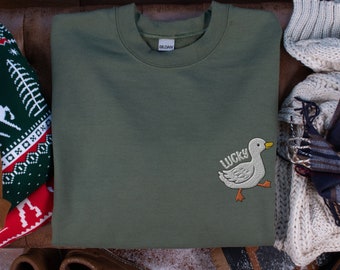Lucky Duck Embroidered Sweatshirt, Silly Goose Crewneck Sweater, Funny St Patricks Day Sweater