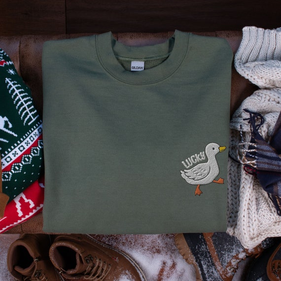 Lucky Duck Embroidered Sweatshirt, Silly Goose Crewneck Sweater, Funny St Patricks Day Sweater
