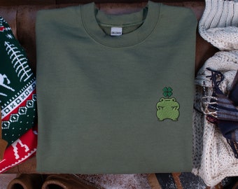 Embroidered St Patricks Day Frog Sweatshirt, Lucky Clover Crewneck