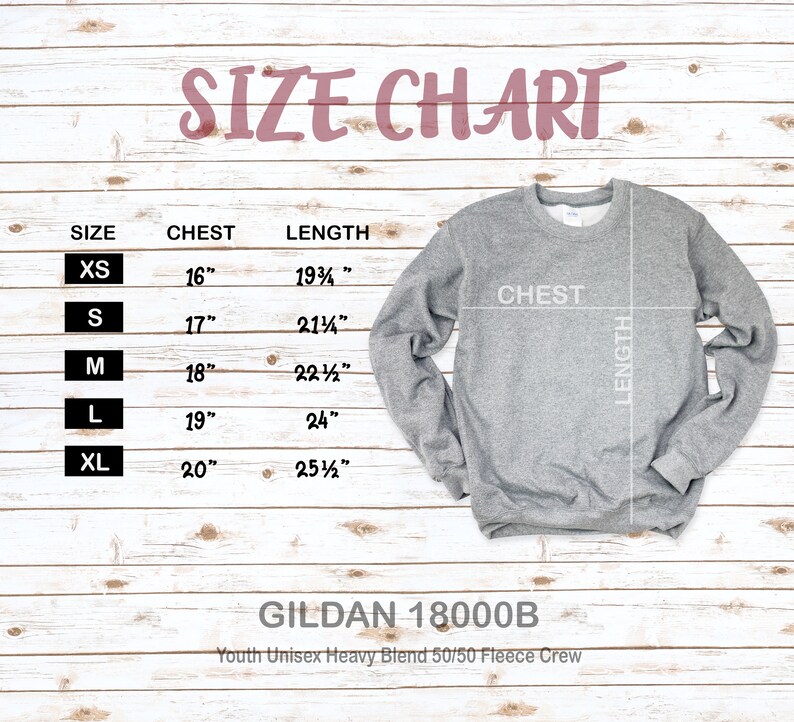 May include: Size chart for youth unisex fleece crew sweatshirts in sizes XS to XL. The chart shows chest and length measurements in inches. The brand is Gildan 18000B.