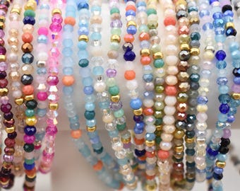 MIXED COLOR Crystal Bead Stretch Bracelet | 3mm with gold or Silver accent | Dainty Sparkly Jewelry