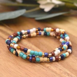 TURQUOISE, NAVY & BROWN Beaded Bracelet | Gold accents | 4mm Seed Bead | Stacking Bracelet | Southwest