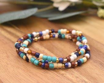 TURQUOISE, NAVY & BROWN Beaded Bracelet | Gold accents | 4mm Seed Bead | Stacking Bracelet | Southwest