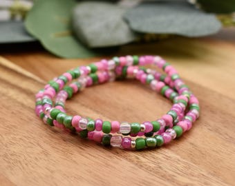 ROSE GARDEN Beaded Bracelet | Pink, Green & Silver accent | 4mm Seed Bead | Stacking Bracelet