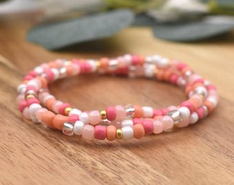 CORAL Beaded Bracelet | Gold accents | 4mm Seed Bead | Stacking Bracelet | Handmade