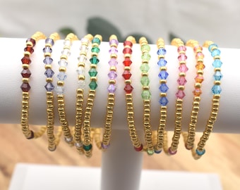 BIRTHSTONE Bracelet with gold beads | Personalized with Colored Crystals 4mm | Dainty Jewelry | Duracoat Galvanized Gold