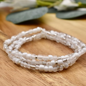 WHITE SNOW Beaded Bracelet  | White, Clear & Silver accent | 4mm Seed Bead | Stacking Bracelet