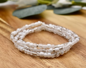 WHITE SNOW Beaded Bracelet  | White, Clear & Silver accent | 4mm Seed Bead | Stacking Bracelet