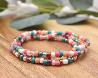 PINK & TEAL Beaded Bracelet | With Coral and Gold accents | 4mm Seed Bead | Stacking Bracelet