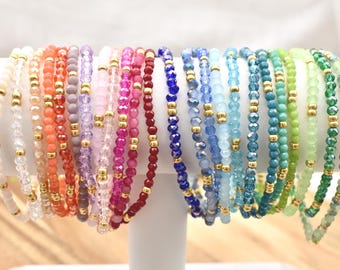 SOLID COLOR Crystal Bead Stretch Bracelet | 3mm with gold accent | Dainty Sparkly Jewelry
