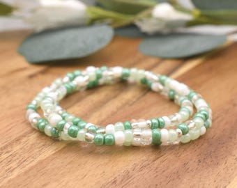 LIGHT GREEN Beaded Bracelet | With Silver accents | 4mm Seed Bead | Stacking Bracelet | Handmade