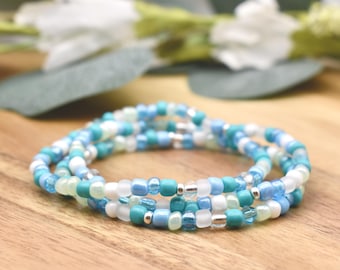 SEA FOAM Beaded Bracelet | Light Blue, Turquoise & Silver accents | 4mm Seed Bead | Stacking Bracelet | Handmade