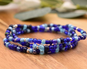 DEEP OCEAN BLUE Beaded Bracelet | Dark Blue, Turquoise, Navy & Silver accents | 4mm Seed Bead | Stacking Bracelet | Handmade