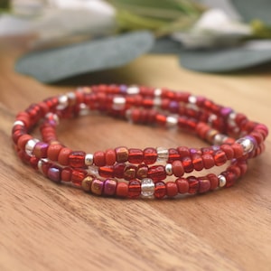 RUBY RED Beaded Bracelet  | Silver accents | 4mm Seed Bead | Stacking Bracelet | Handmade