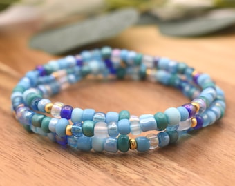 OCEAN BLUE Beaded Bracelet | Light Blue, Turquoise & Gold accents | 4mm Seed Bead | Stacking Bracelet | Handmade