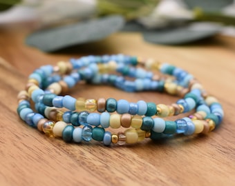 BEACH Beaded Bracelet | Turquoise, Tan, Off White and Gold accents | 4mm | Stacking Bracelet | Handmade | Beach Colors