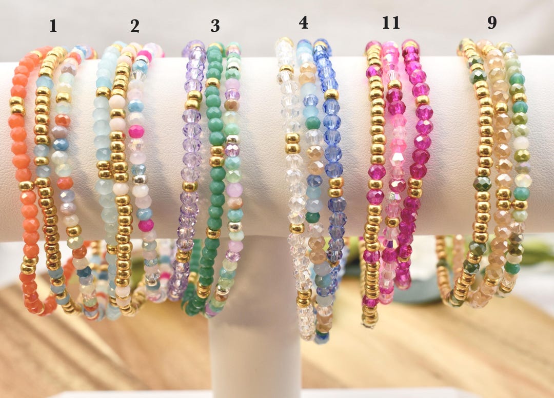 CRYSTAL BEAD Bracelet Stack | Set of 3 | 3mm With Gold Accent | Dainty ...