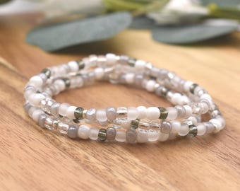 GRAY MIST Beaded Bracelet | White, Clear, Gray & Silver accents | 4mm Seed Bead | Stacking Bracelet | Handmade