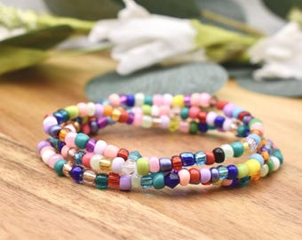 RAINBOW CONFETTI Beaded Bracelet | 4mm Seed Bead | Stacking Bracelet | Crystal Bead Accents | Handmade